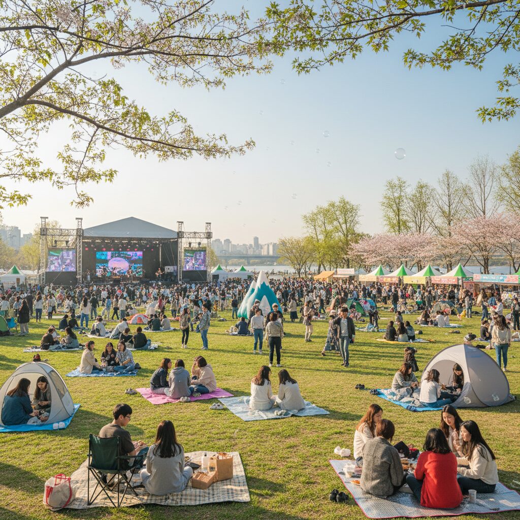 봄날 난지한강공원에서 열리는 피크페스티벌의 활기찬 현장 풍경