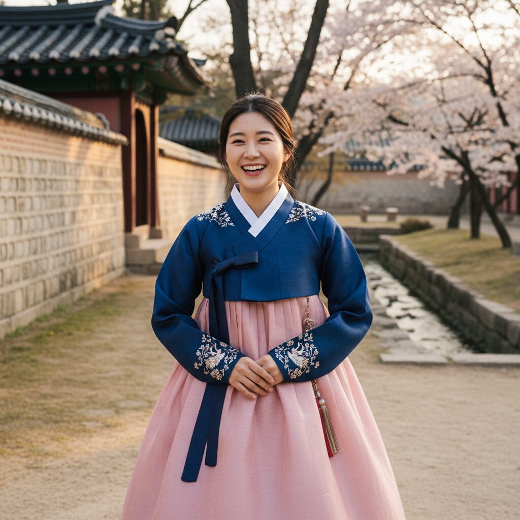 수선이 완료된 한복을 입고 행복하게 웃고 있는 사람