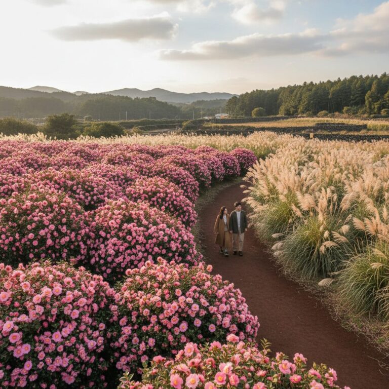 제주더숲 분홍색 동백꽃 군락지와 팜파스 풍경