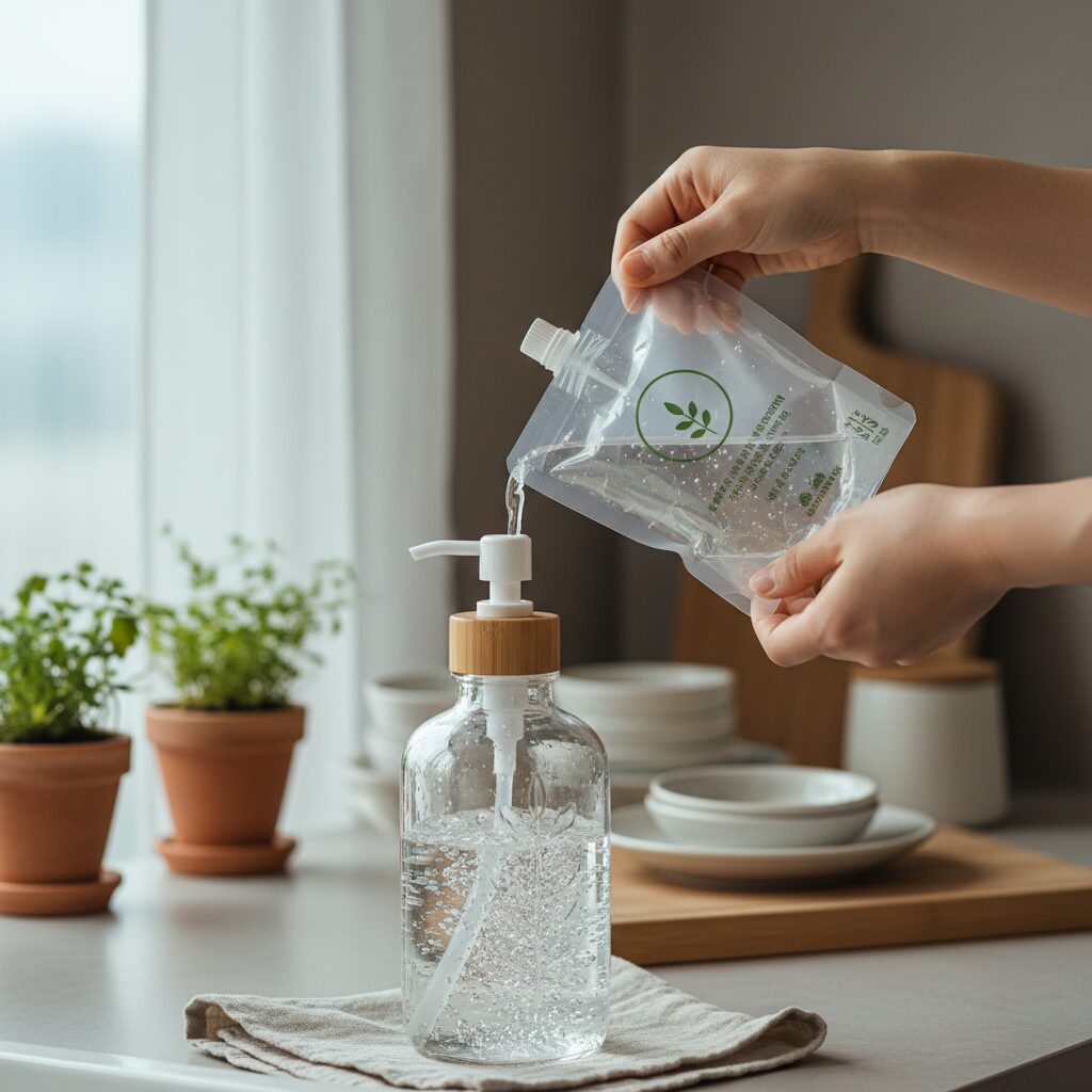 리필 주머니에서 유리 디스펜서 병으로 친환경 세제를 따르는 모습