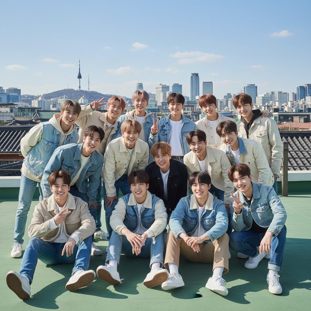 세븐틴 단체 사진 13명의 멤버들이 밝은 표정으로 포즈