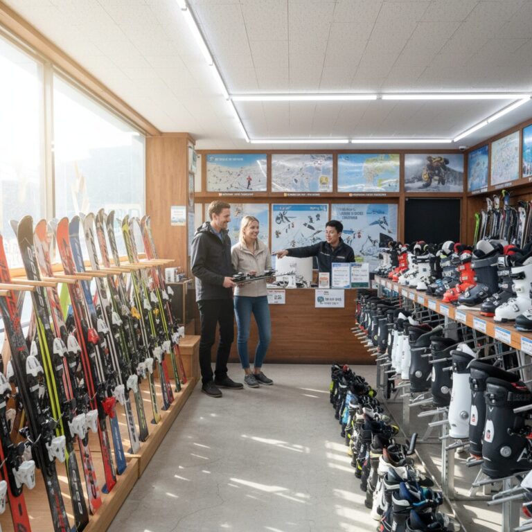 깔끔하게 정리된 스키 장비 대여소의 스키와 부츠