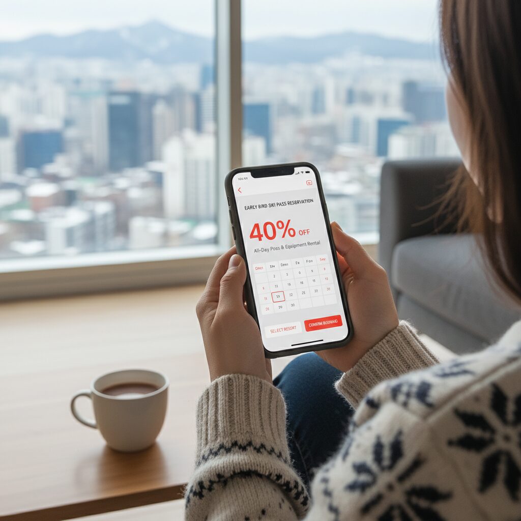 스키장 리프트권 조기 예약 화면과 할인율 표시된 스마트폰