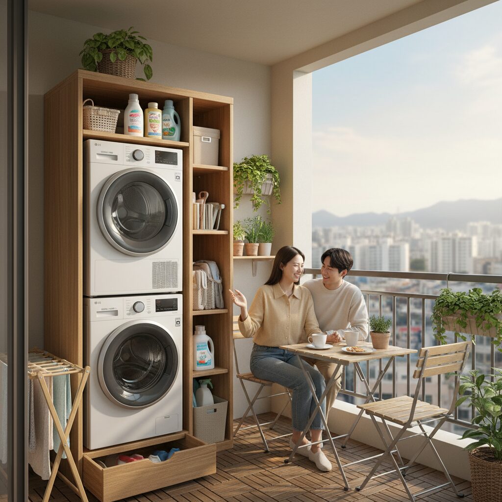 작은 아파트 발코니에 설치된 워시타워와 공간 활용