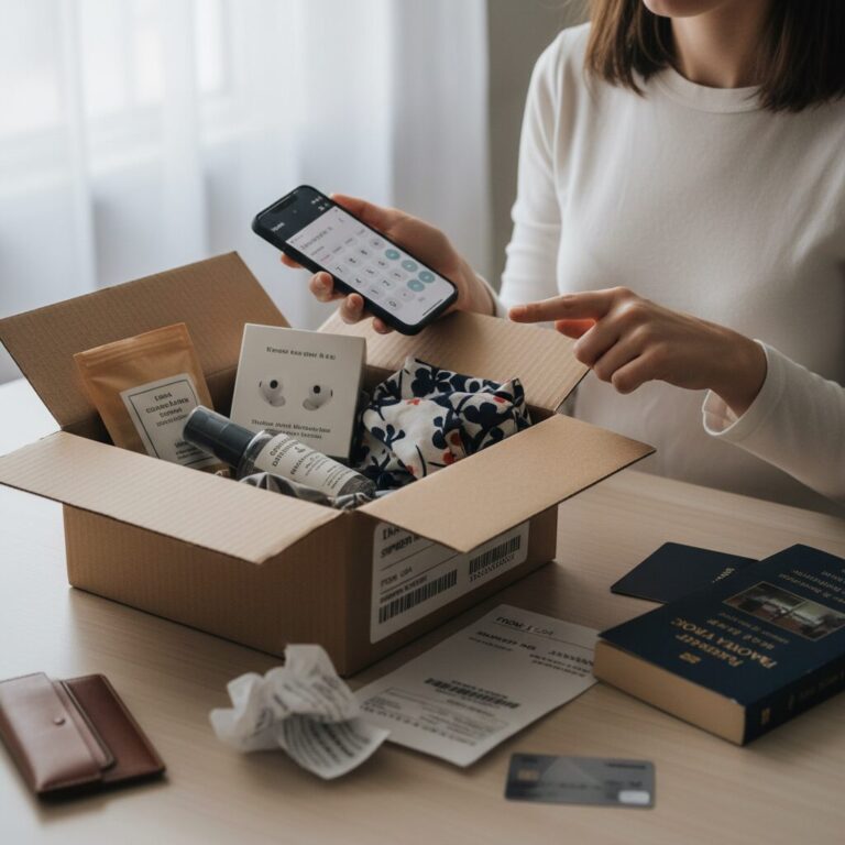 해외직구 상품을 확인하며 스마트폰으로 계산기를 사용하는 여자의 손