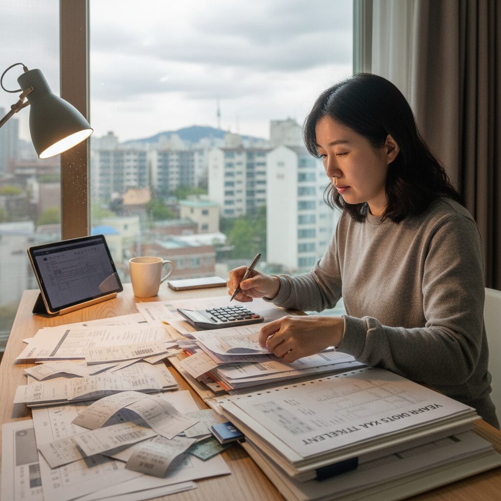 연말정산 서류와 영수증을 정리하는 모습