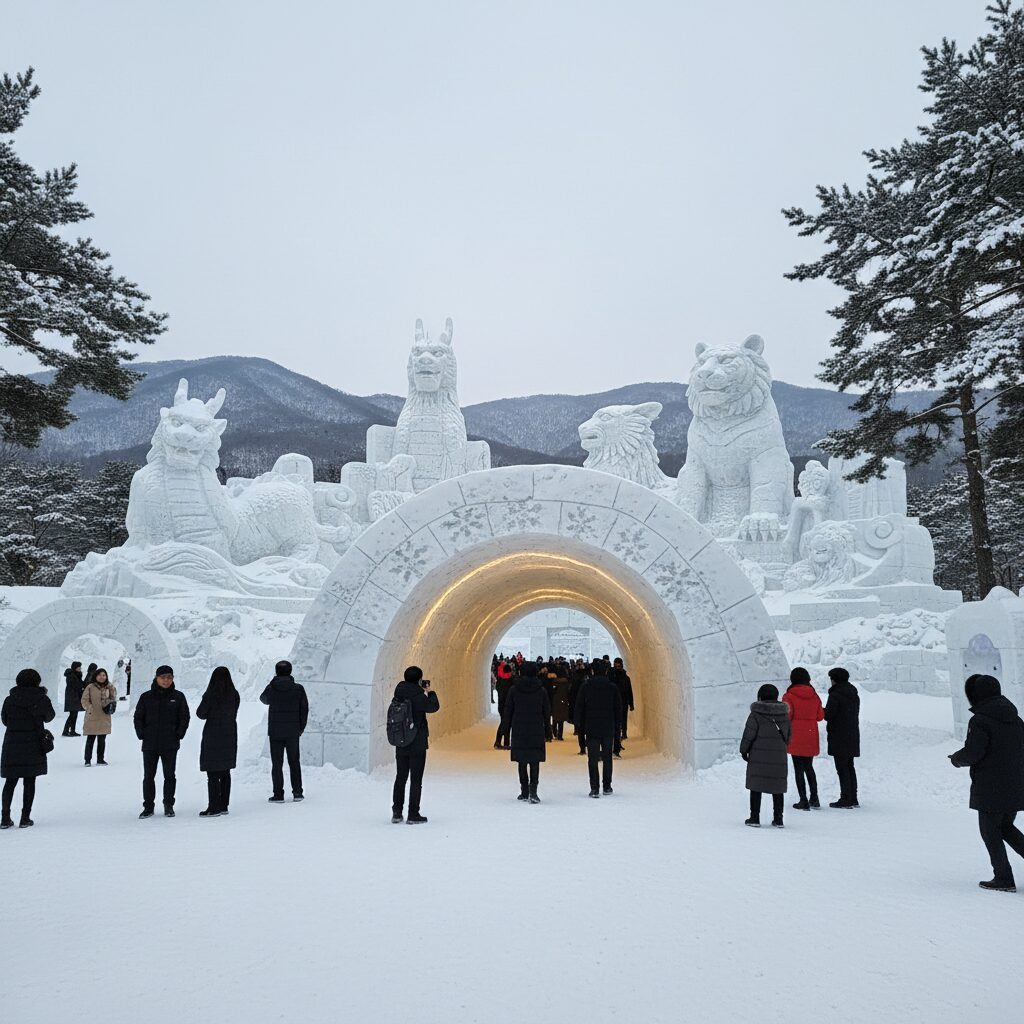대관령 눈꽃축제 눈꽃 터널과 거대 눈조각 사진