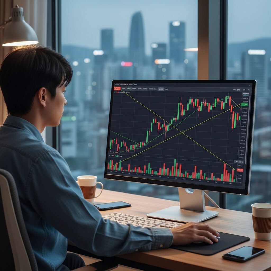 주식 차트 화면에서 추세선과 거래량이 표시된 그래프