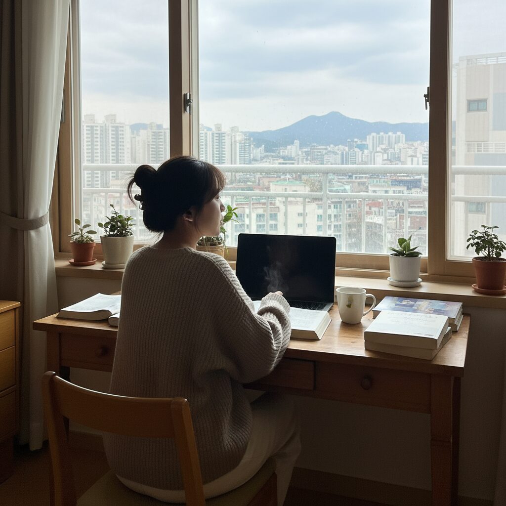 책상에서 공부하다가 창밖을 바라보며 휴식을 취하는 학생