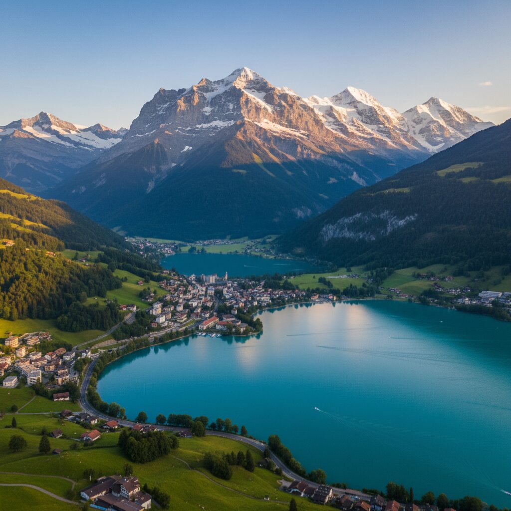 스위스 인터라켄의 알프스 산맥과 호수 풍경