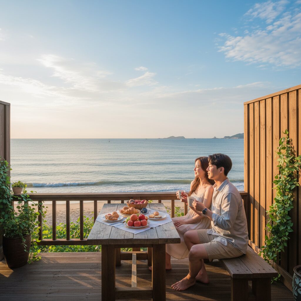 태안 샤론펜션 개별 테라스에서 바다를 바라보는 모습