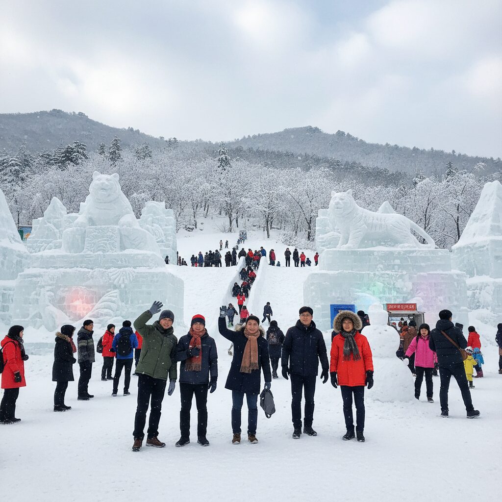 태백산눈축제 눈조각 전시회 가이드 태백산 눈축제에서 따뜻한 옷을 입고 즐기는 모습