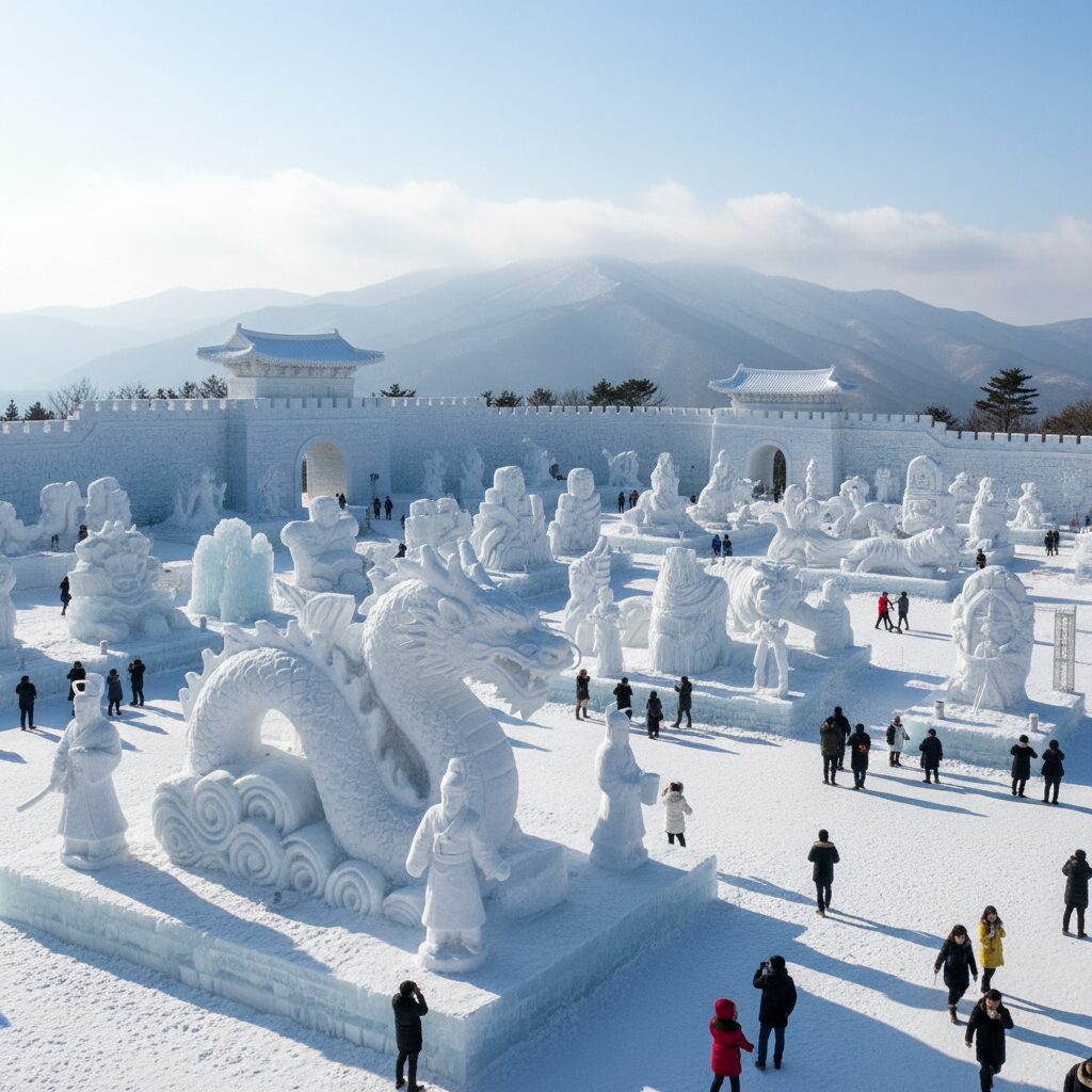태백산 눈축제 대형 눈조각 작품들 전경