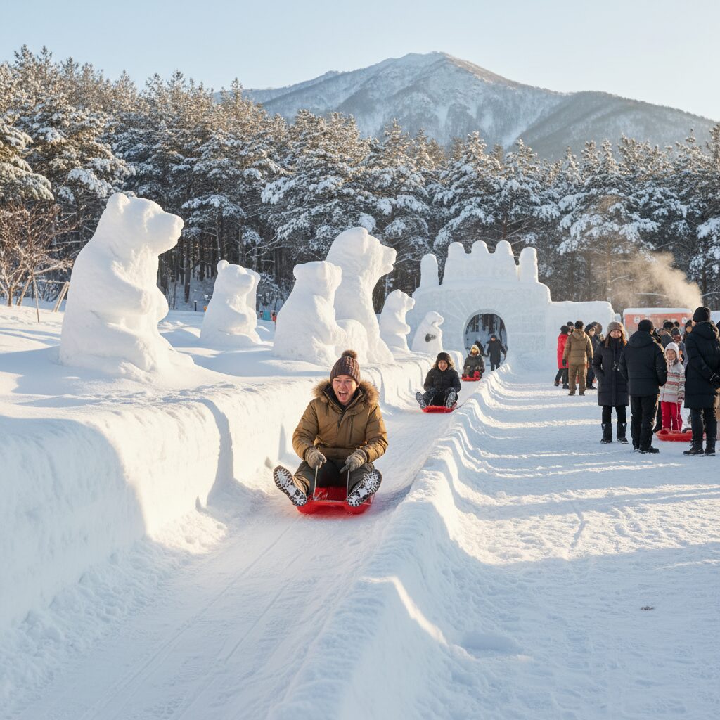 태백산 눈축제에서 눈 미끄럼틀을 타는 모습