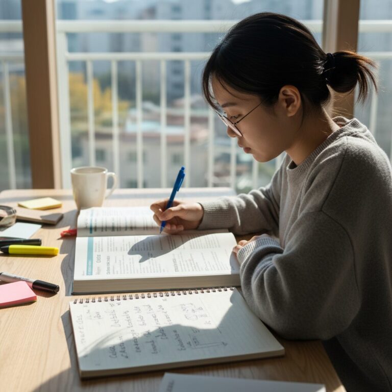 교과서와 노트를 펼쳐놓고 개념 정리하는 모습