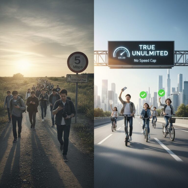 속도 제한 있는 무제한 요금제와 속도 제한 없는 진짜 무제한 요금제를 비교하는 그림