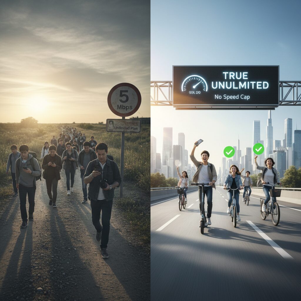 속도 제한 있는 무제한 요금제와 속도 제한 없는 진짜 무제한 요금제를 비교하는 그림