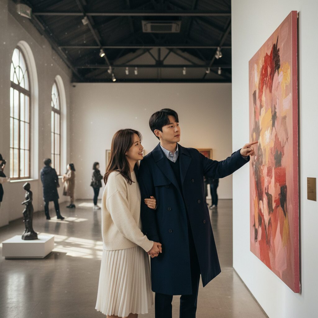 발렌타인 데이 커플이 미술관 전시실에서 그림을 감상하는 모습