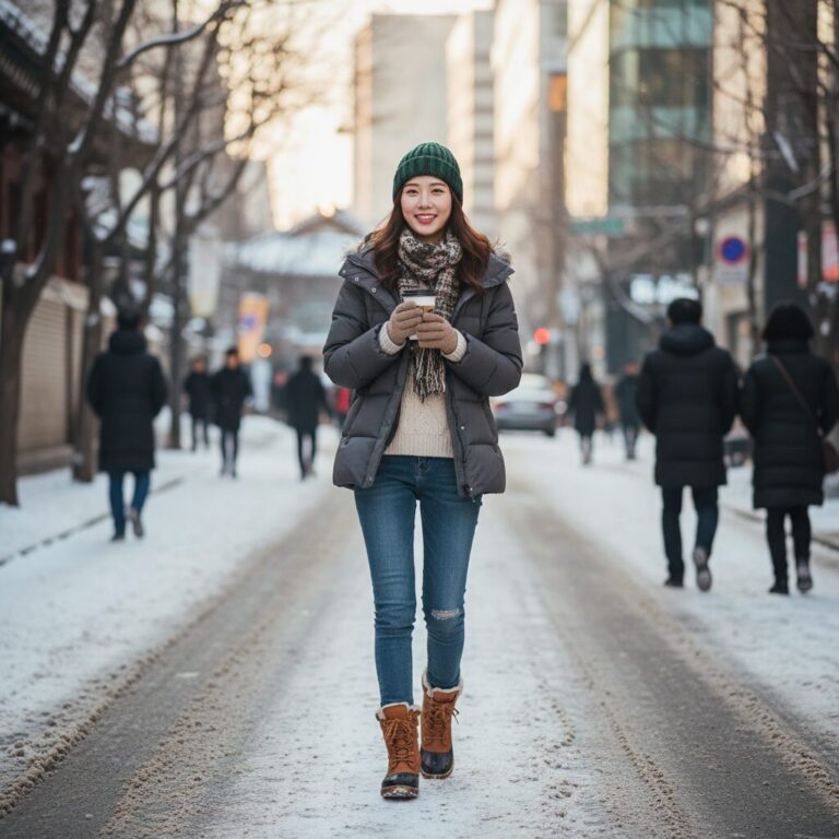 여자가 청바지와 함께 방한 부츠를 스타일링한 모습