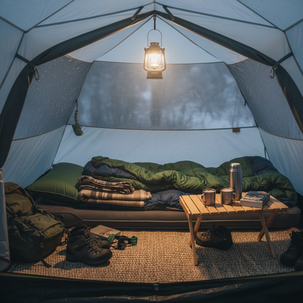 따뜻한 겨울 텐트 내부, 두꺼운 매트와 침낭이 깔려 있고 작은 테이블 위에 따뜻한 음료가 놓여 있음