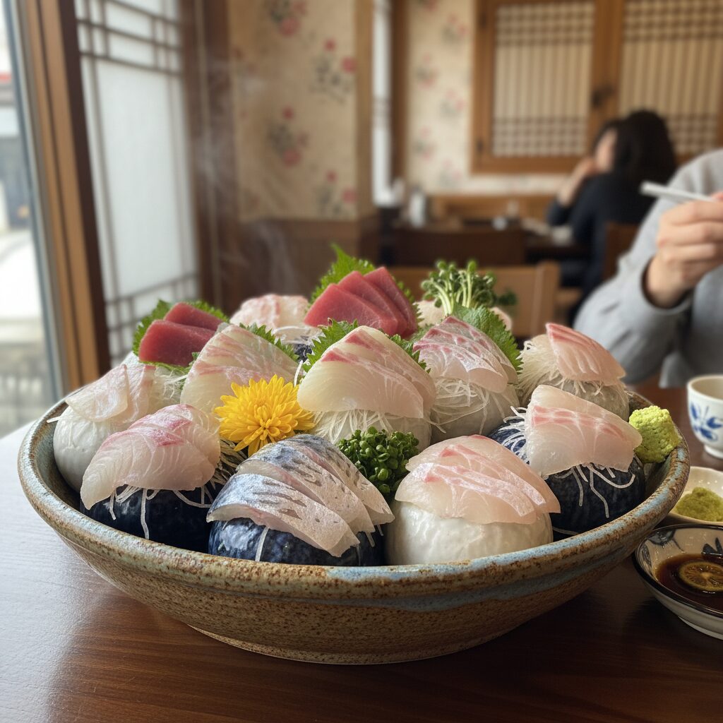 다양한 겨울 제철 생선 회가 담긨 대접