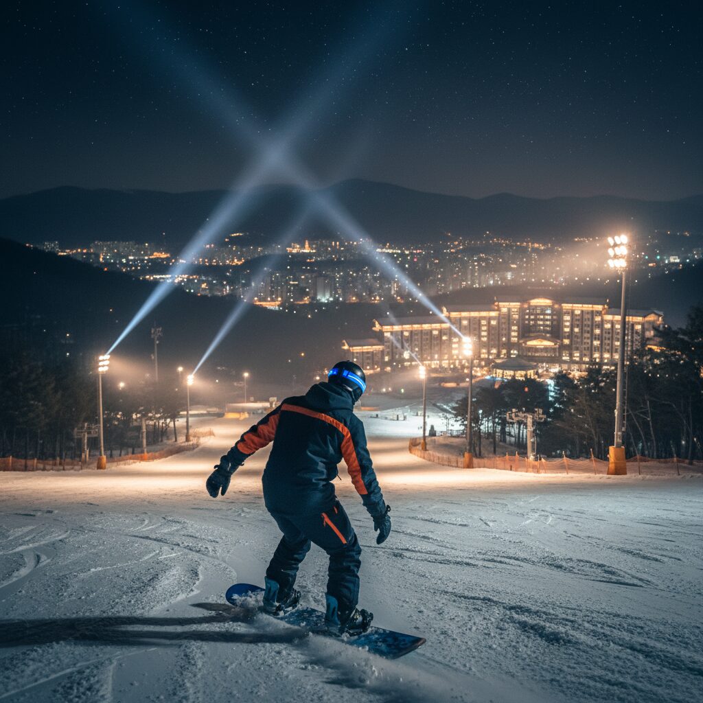 야간 조명을 받으며 스노우보드를 타고 있는 사람의 뒷모습 사진