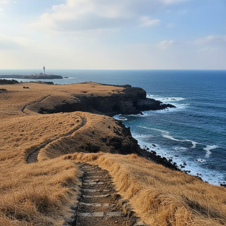 겨울의 한적한 섭지코지 풍경과 푸른 바다