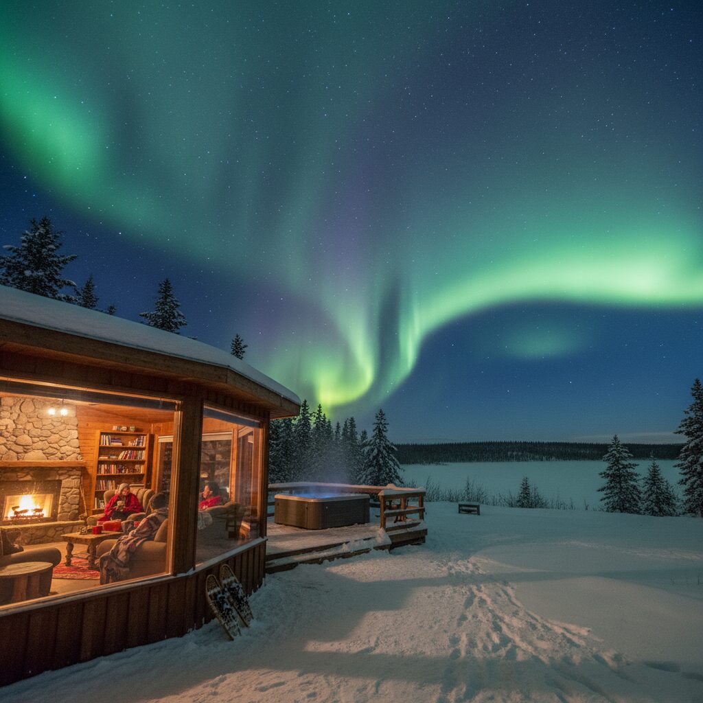 캐나다 옐로나이프의 아늑한 오로라 관측 로지와 밖의 오로라