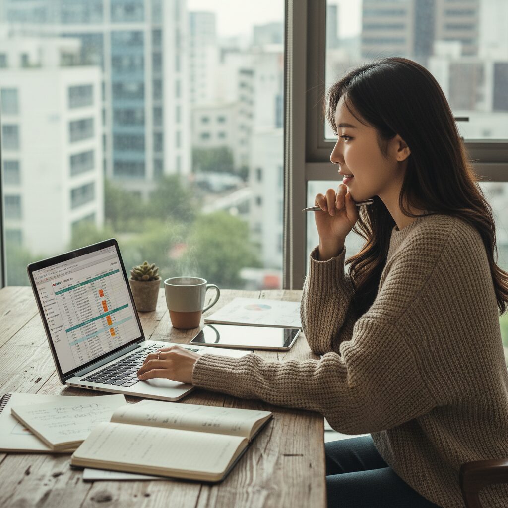 노트북 앞에서 미래 계획을 세우고 있는 젊은 여성