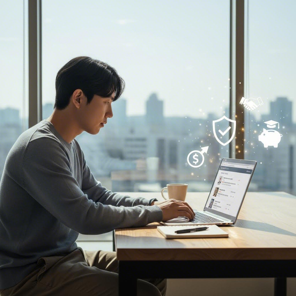 청년이 노트북으로 구직 활동을 하는 모습과 지원금 관련 아이콘