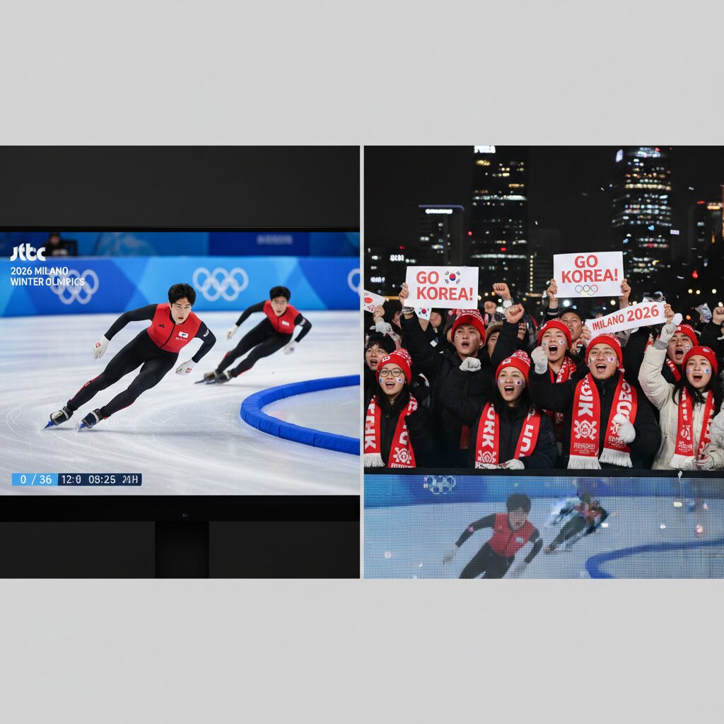 2026 밀라노 동계올림픽 JTBC 중계 화면과 한국 선수 응원 장면