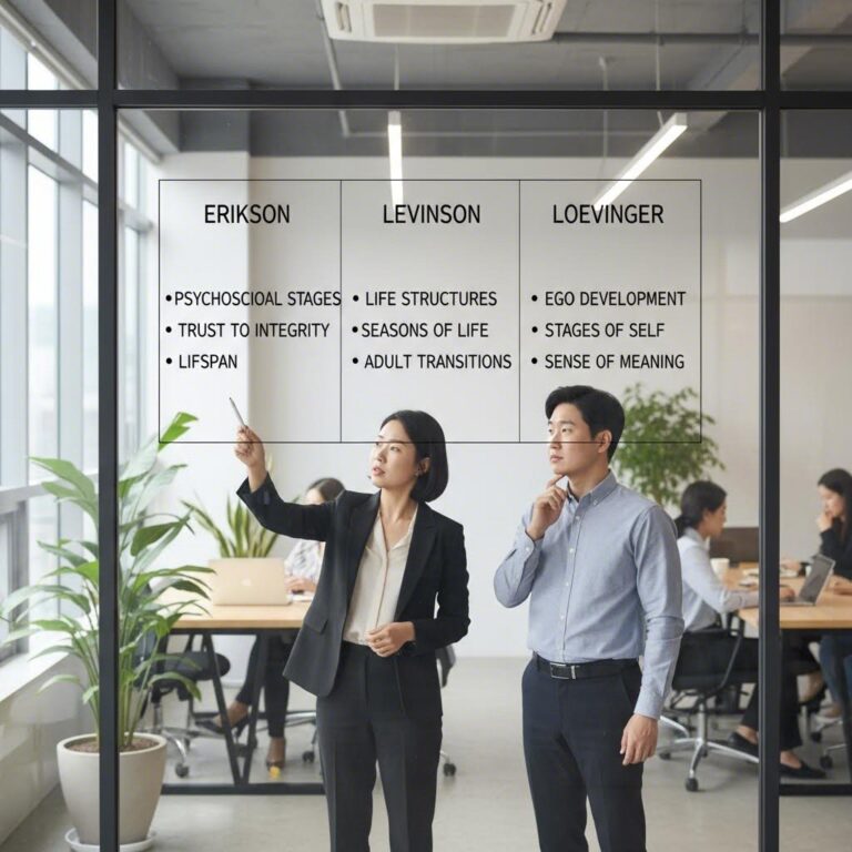 성인 발달 이론 비교를 나타낸 개념도, 에릭슨 레빈슨 로에빙거 이론의 핵심 차이를 시각화