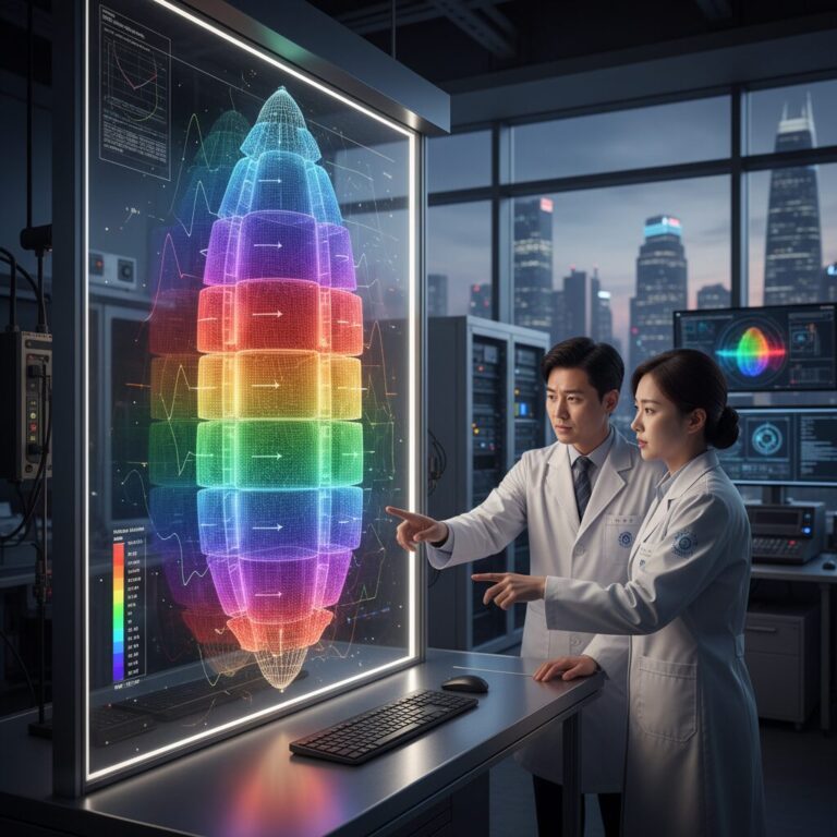 우주발사체 구조물의 진동 모드 해석 결과를 보여주는 컬러풀한 컴퓨터 모델