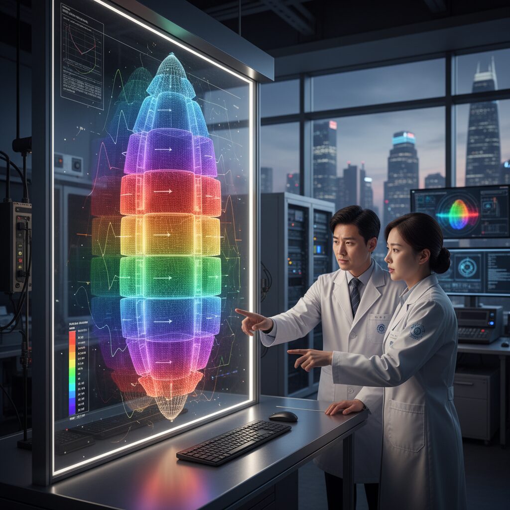 우주항공 기계진동학의 핵심 원리와 실제 우주발사체 구조물의 진동 모드 해석 결과를 보여주는 컬러풀한 컴퓨터 모델