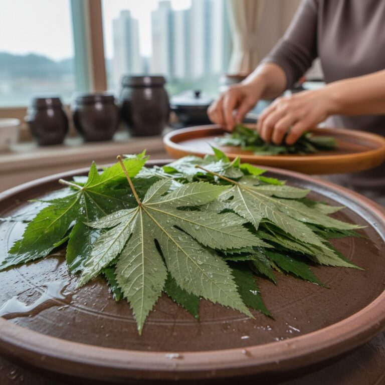 물에 불려 펼쳐진 아주까리나물 잎