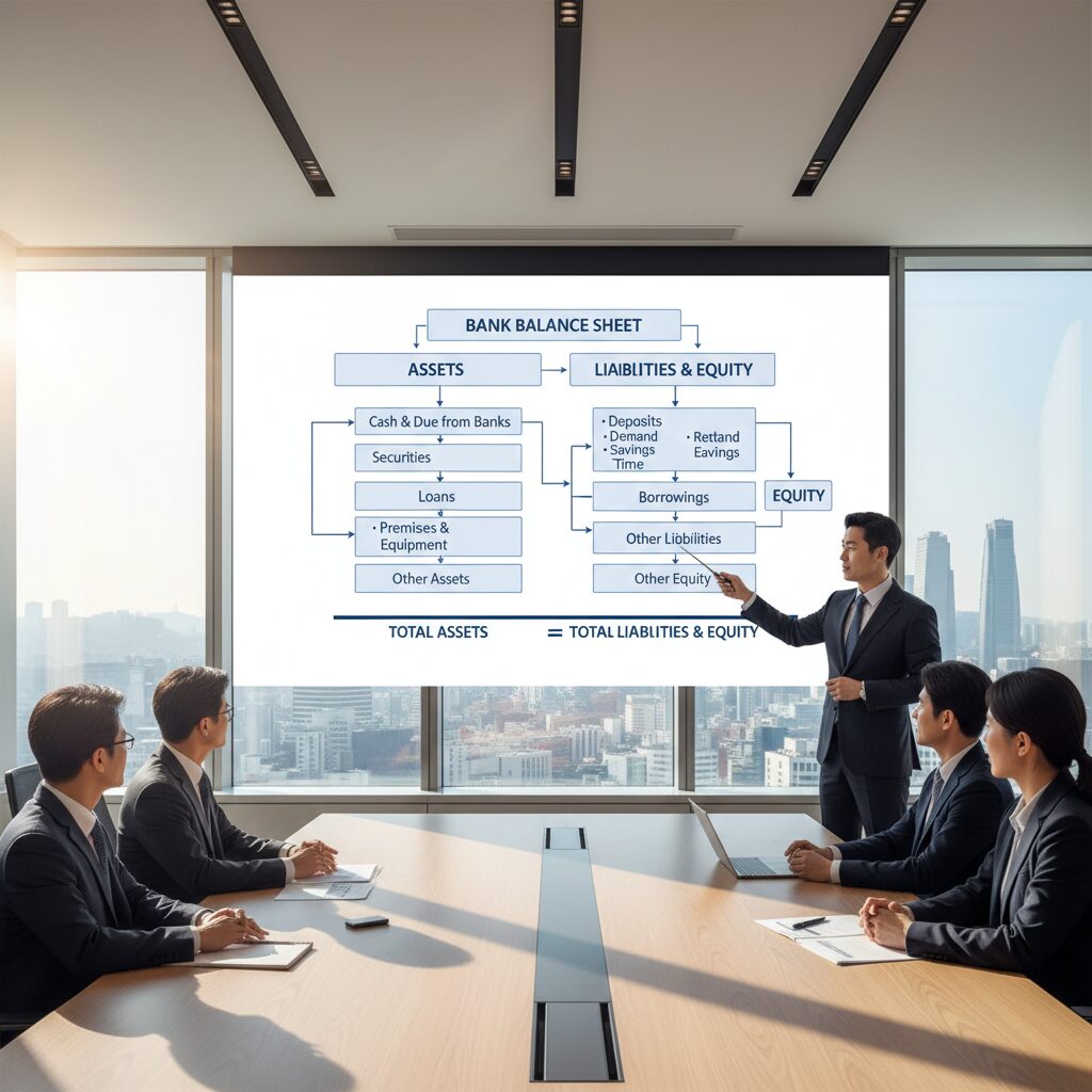 은행 대차대조표의 구조와 항목을 그림으로 설명한 도표