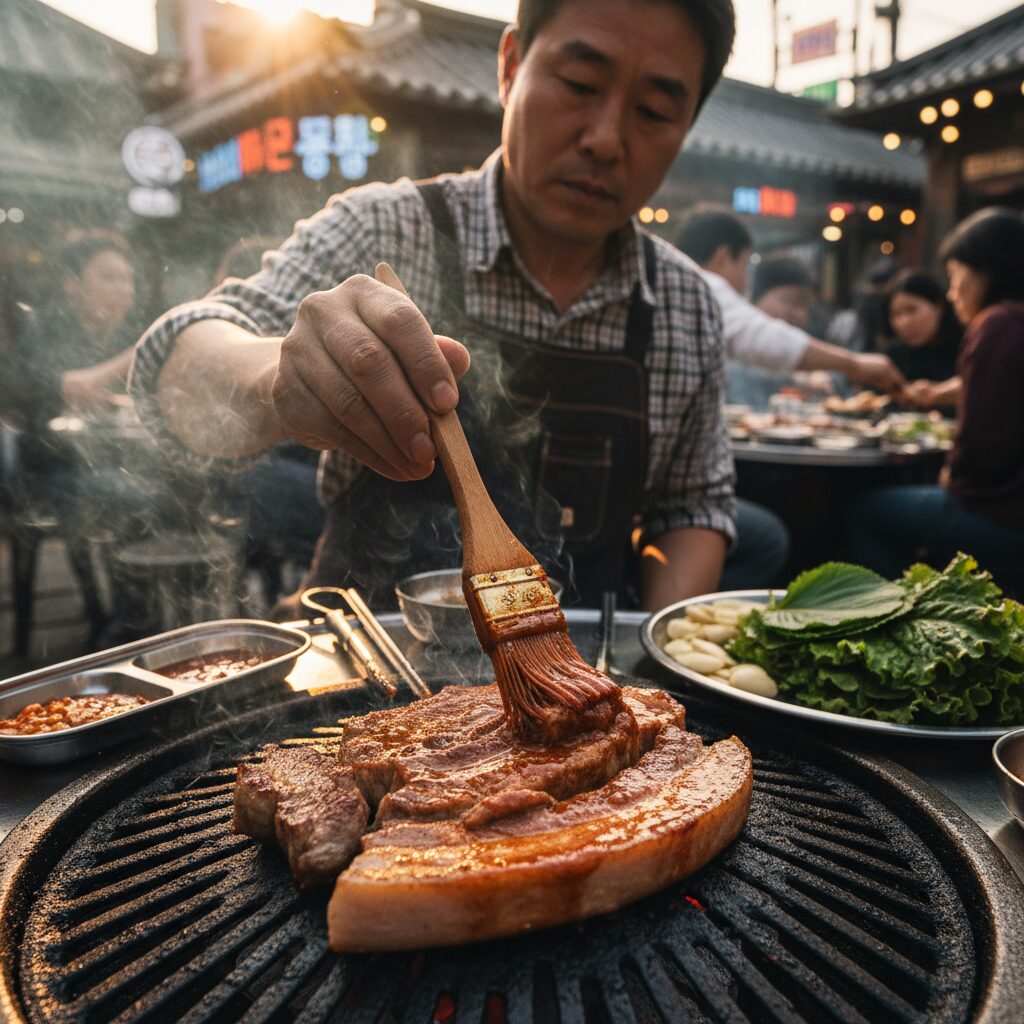 바베큐 소스를 브러시로 고기에 바르고 있는 모습