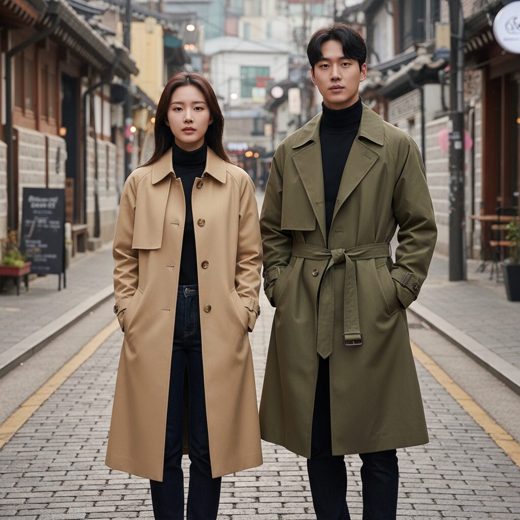 켄싱턴과 첼시 트렌치코트 실루엣 비교 사진