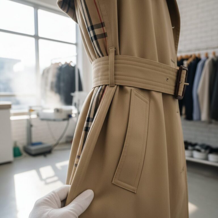 전문 세탁 후 복원된 버버리 트렌치코트 옆구리 부분 클로즈업 사진