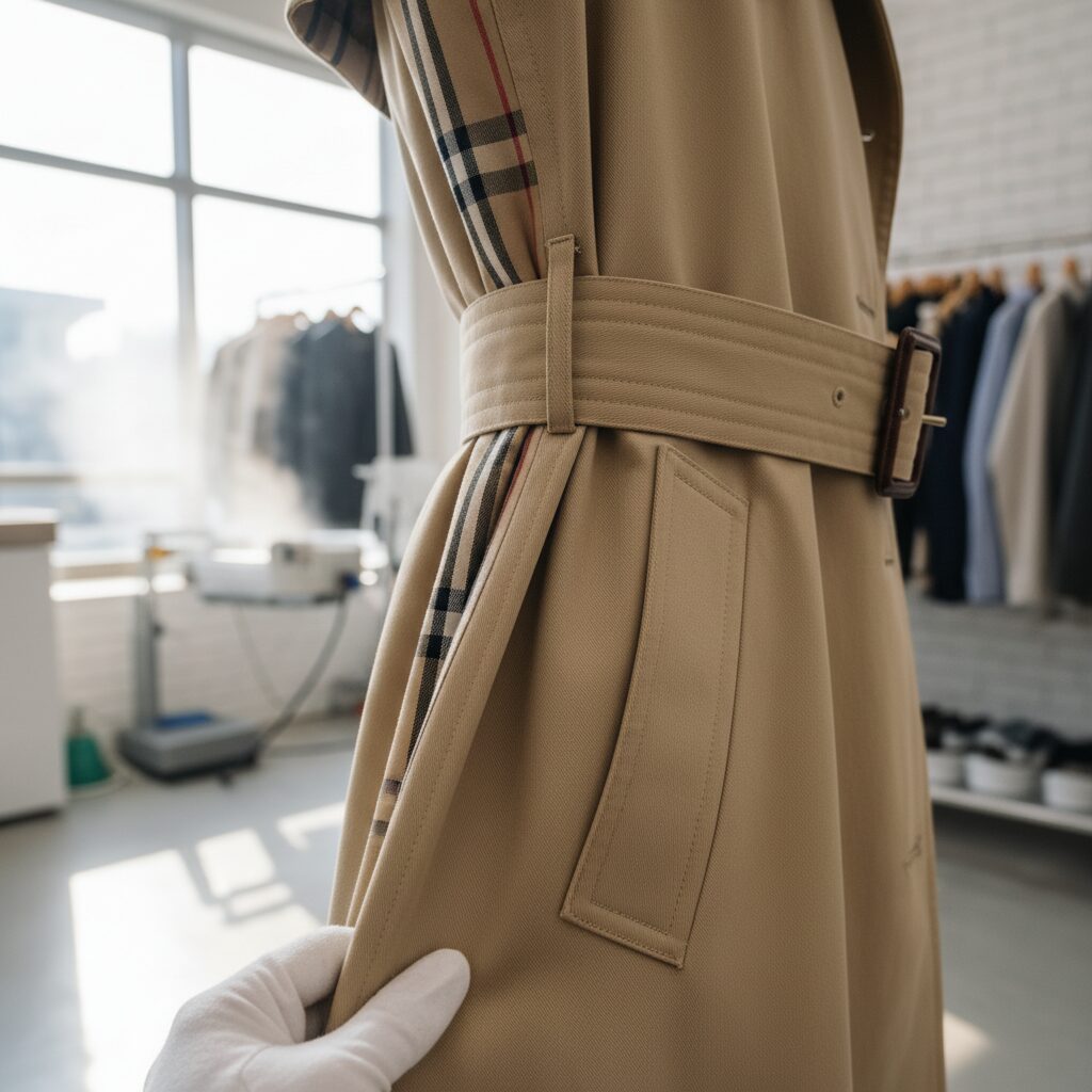 버버리 트렌치코트 소재와 관리법 전문 세탁 후 복원된 버버리 트렌치코트 옆구리 부분 클로즈업 사진