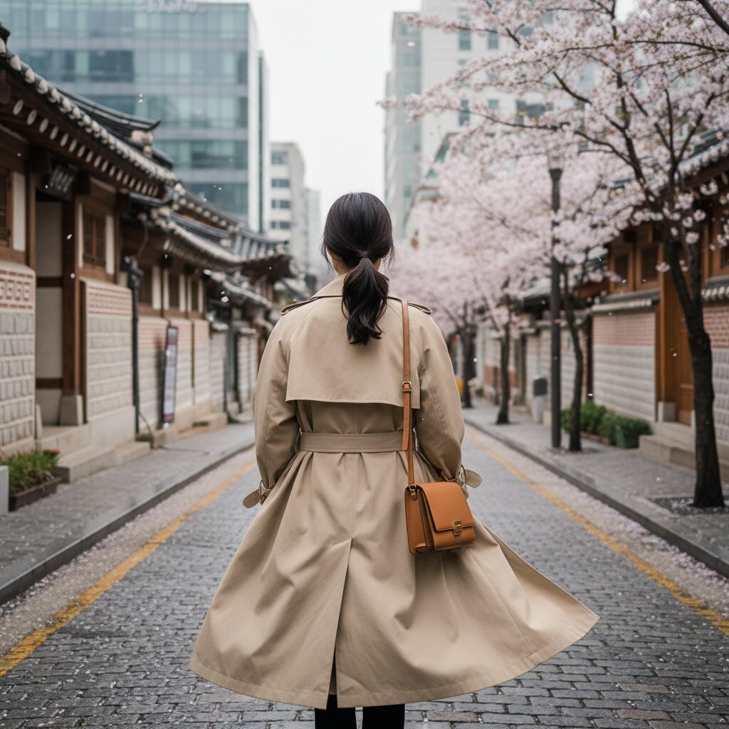 베이지색 케이프 트렌치코트를 입고 허리에 벨트를 매고 선 여자의 뒷모습