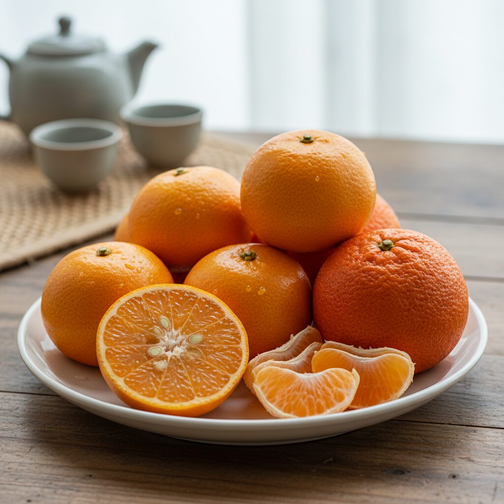 싱싱한 천혜향과 레드향이 접시에 담겨 있는 모습