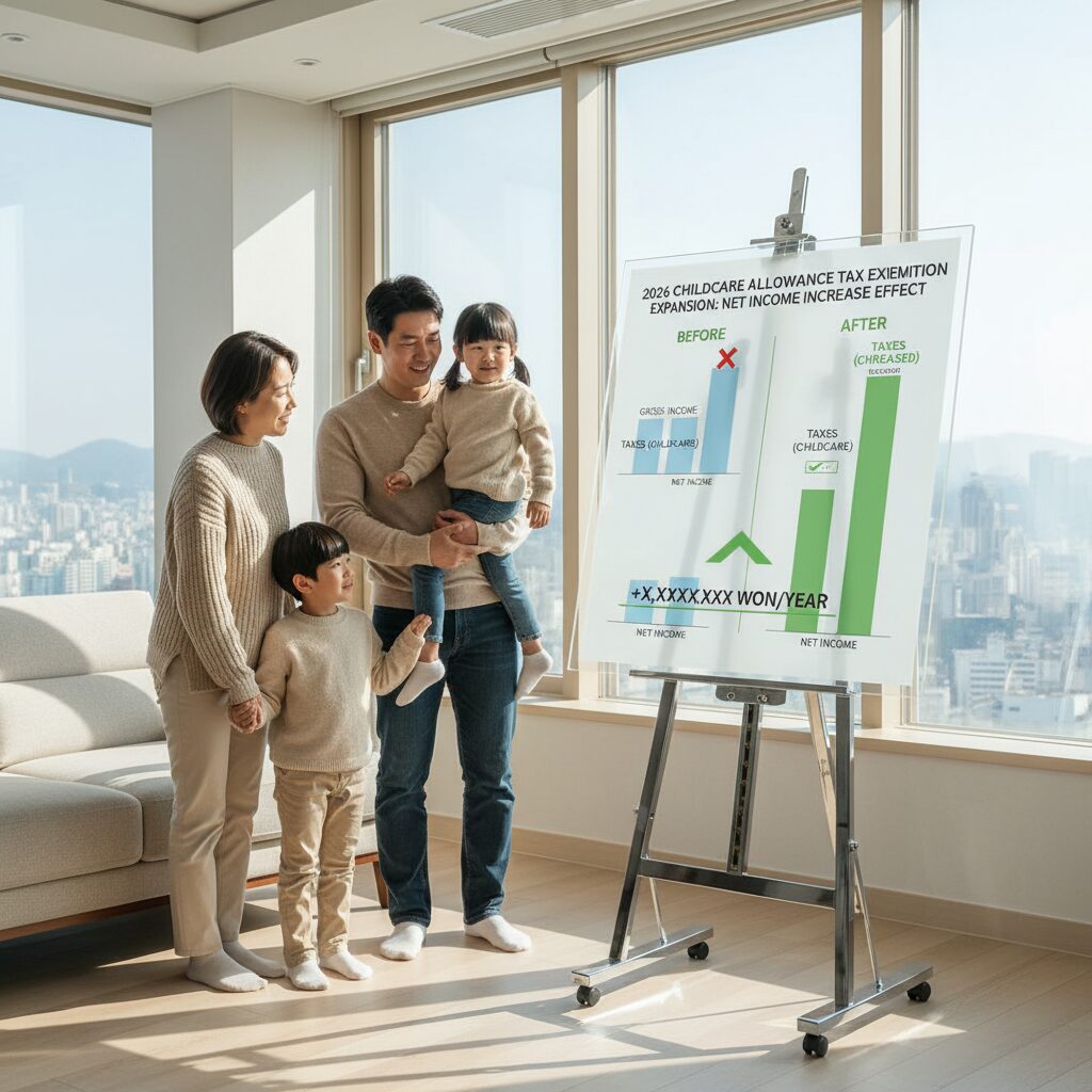 2026년 자녀보육수당 비과세 확대로 인한 실수령액 증가 효과를 설명하는 다이어그램