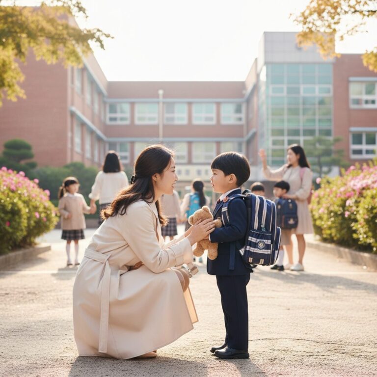 입학하는 아이에게 다가가 진심 어린 말을 건네는 모습