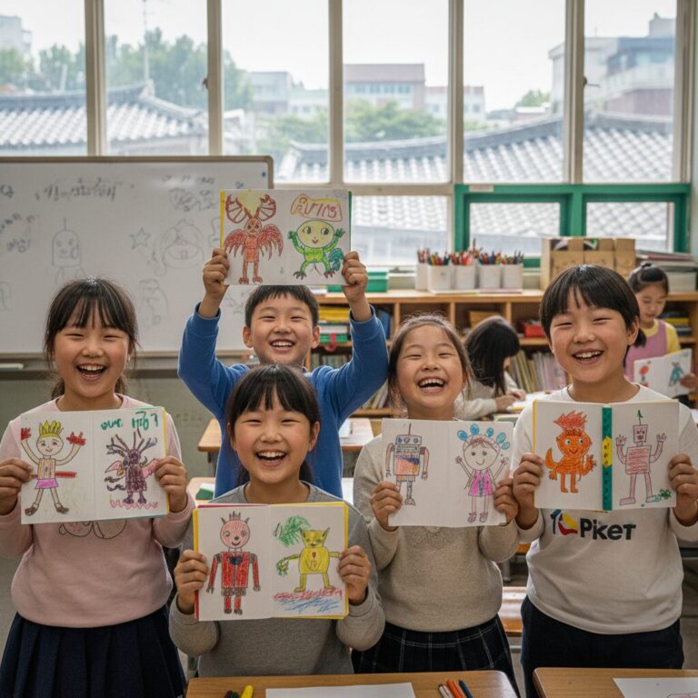 아이들이 직접 쓴 그림책을 들고 웃고 있는 모습