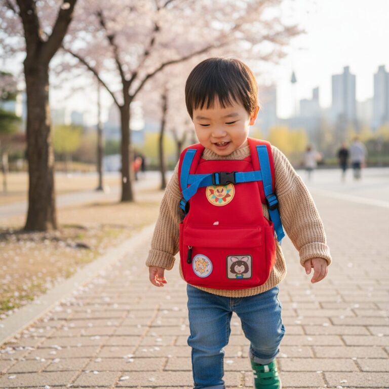 어린이집 가방에 버클을 부착해 메고 있는 아이의 모습