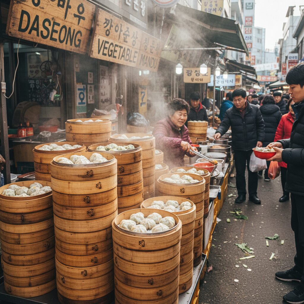 충주 자유시장 대성야채만두 매운김치만두 감자만두 충주 자유시장 대성야채만두 가게 앞에 쌓인 만두 찜통
