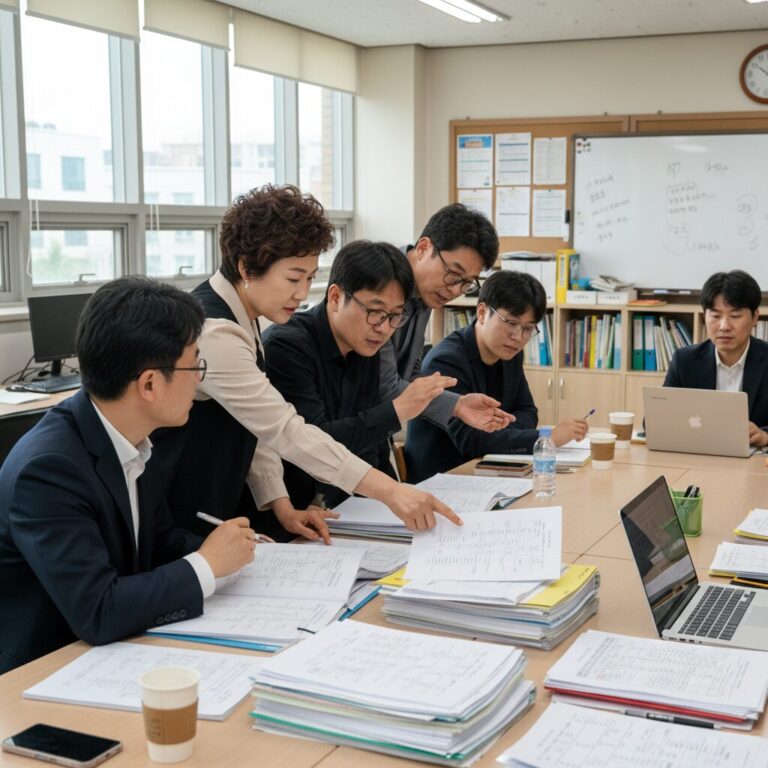 교사들이 교무회의에서 학생 반 편성 자료를 검토하고 토론하는 모습