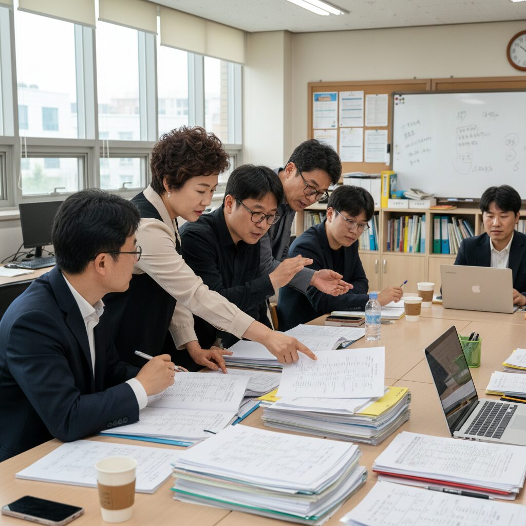 교사들이 교무회의에서 학생 반 편성 자료를 검토하고 토론하는 모습