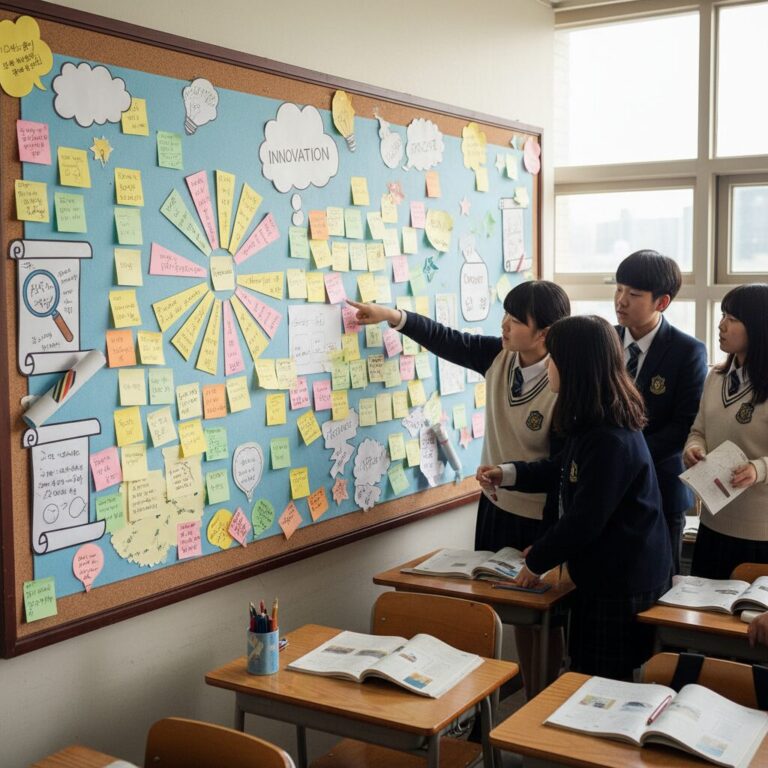 아이디어가 가득한 교실 환경판 예시 사진, 색색의 종이와 포스트잇으로 꾸며짐